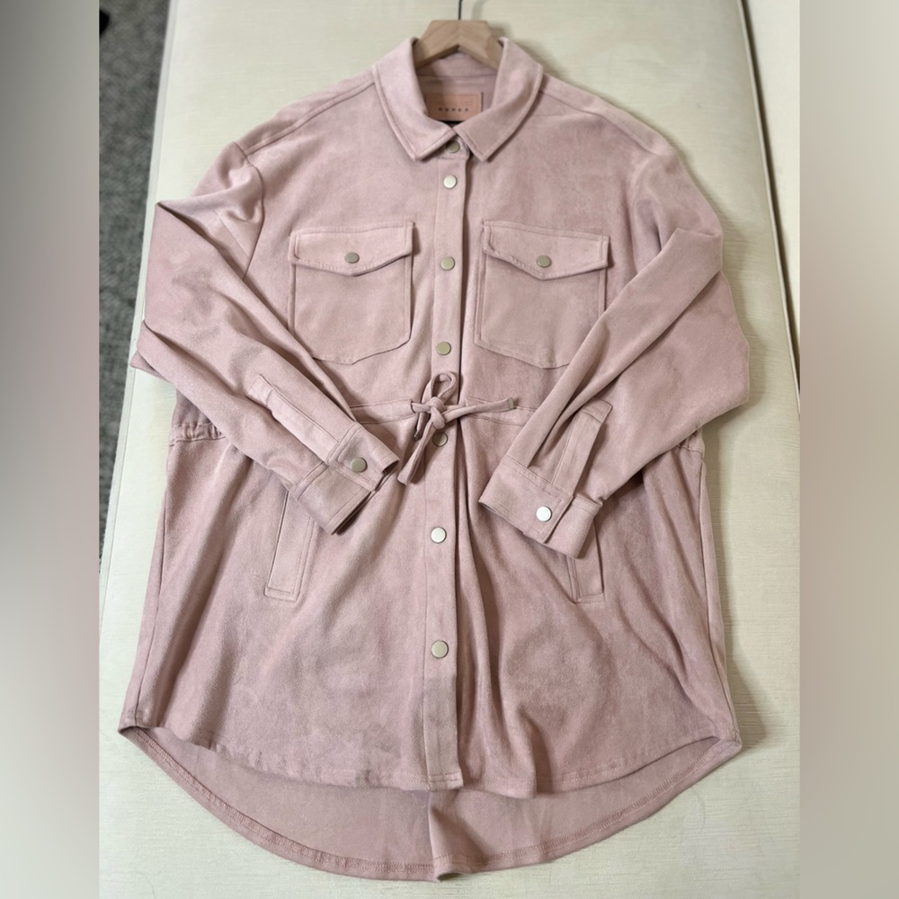 BLANKNYC Blush Pink Faux Suede Shacket Tie Waist Utility Jacket Chic Layering